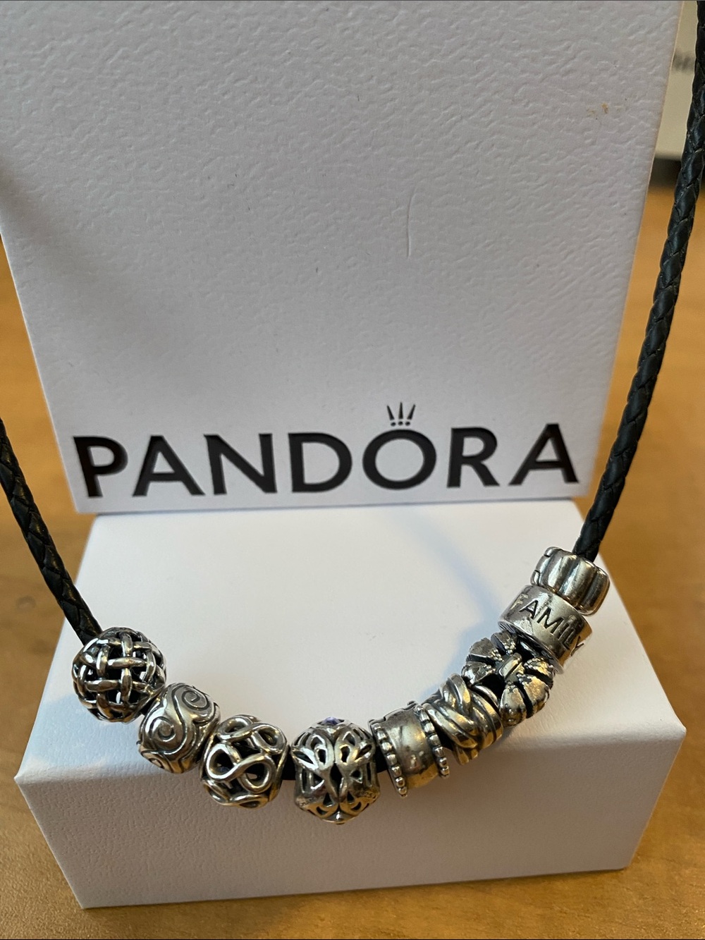 Pandora Black Leather Bracelet with Silver Decorative Charm Beads